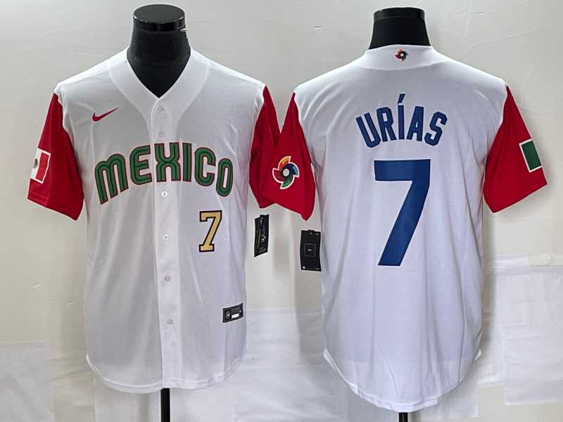 Mens Mexico Baseball #7 Julio Urias Number 2023 White Red World Classic Stitched Jersey2